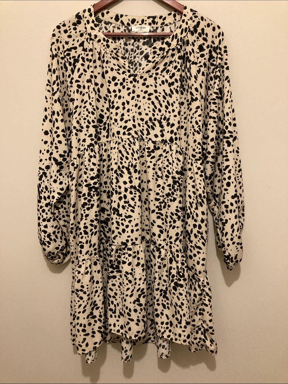 UmGee Tiered Dalmatian Print Babydoll Dress - Black on Cream M
